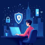 A person working on a laptop with a shield icon above it, symbolizing cybersecurity tips for online safety and protection against cyber threats.