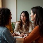 The Power of Emotional Intelligence in Daily Life: Create a scene should show a diverse group of people (men and women of different ages and ethnicities) engaging in positive communication, with one person actively listening and another speaking empathetically.