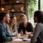 Building Strong Relationships Through Communication: a scene that includes a diverse group of people like couples, friends, or colleagues engaged in meaningful conversations in a cozy, natural setting, such as a café. Show them smiling, making eye contact, and using open body language to convey trust and connection.