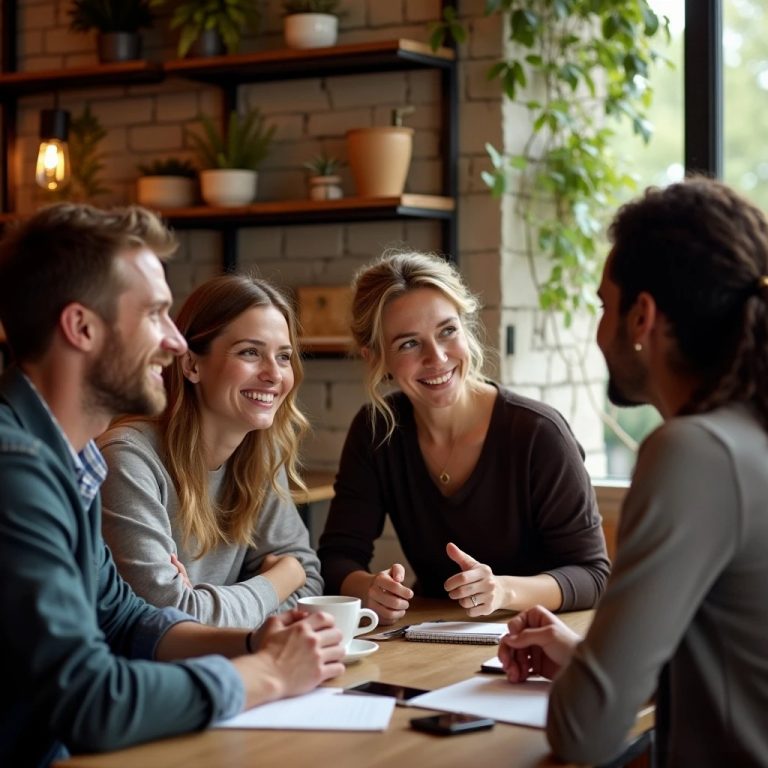 Building Strong Relationships Through Communication: a scene that includes a diverse group of people like couples, friends, or colleagues engaged in meaningful conversations in a cozy, natural setting, such as a café. Show them smiling, making eye contact, and using open body language to convey trust and connection.
