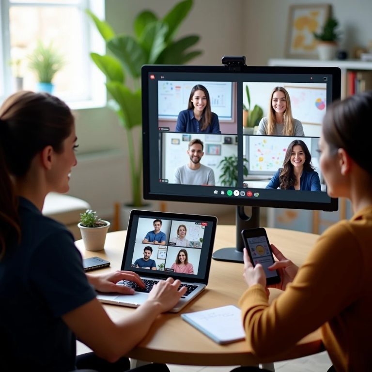 Boost Your Skills in Digital Communication Today: real live people on a video call, with some using laptops and others on tablets or smartphones. Include visual elements like a shared screen displaying charts or graphs, a chat window with emojis, and a collaborative whiteboard.