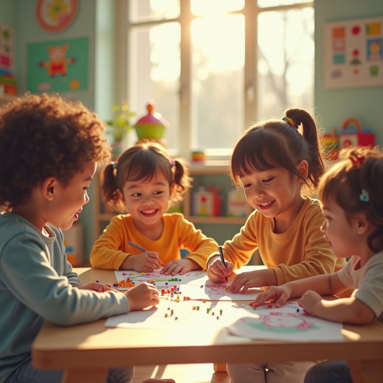 How Play-Based Learning Prepares Kids for Success: A vibrant and colorful scene of children playing together in a bright, cheerful classroom. Include kids building with blocks, drawing, and engaging in imaginative play.