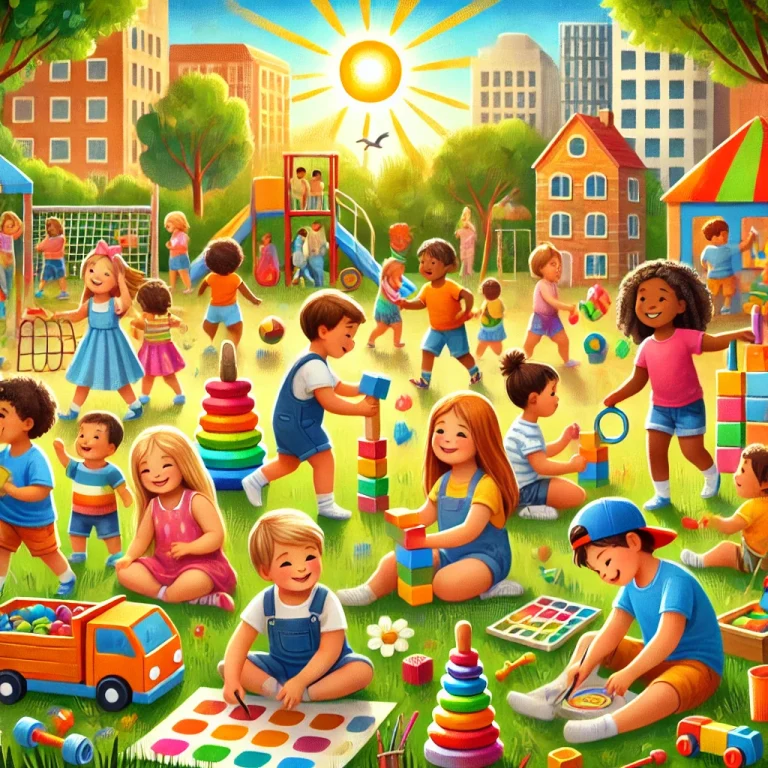 The Importance of Play in Child Development: Create a vibrant, colorful image that represents the importance of play in child development. Show a diverse group of children engaged in various types of play, such as building blocks, playing outdoors, drawing, and pretending. Include elements like a sunny park, toys, art supplies, and smiling faces to convey joy and creativity. Use a warm, inviting tone with bright colors to emphasize the fun and educational aspects of play.