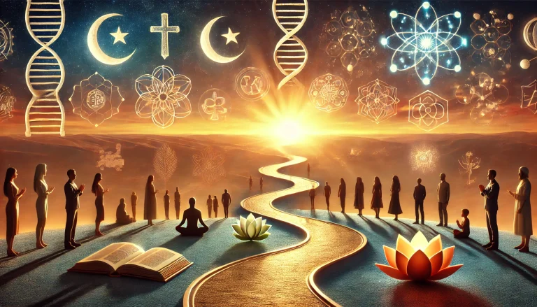 The Meaning of Life: Exploring Diverse Perspectives on Existence: a serene and thought-provoking image that symbolizes the search for the meaning of life. Show a diverse group of people from different cultures and backgrounds standing on a winding path that leads toward a glowing sunrise. The path represents the journey of life, with symbols of philosophy (open books), religion (a glowing cross, crescent, and lotus), science (a DNA helix), and psychology (a brain icon) scattered along the way.