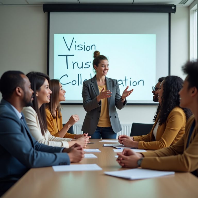 The Role of Communication in Leadership: a scene depicting a diverse group of team members seated around a conference table, actively engaged in a discussion. At the head of the table, a confident leader is standing, gesturing with their hands to emphasize a point, symbolizing effective communication.