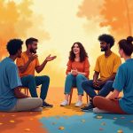 How to Use Storytelling in Communication to Build Connections: a scene featuring a diverse group of people sitting in a circle, engaged in a storytelling session. One person is speaking passionately, with expressive gestures, while others are listening intently, showing emotions like curiosity, empathy, and inspiration.