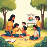 7 Ways to Boost Emotional Intelligence in Kids: A diverse group of kids learning emotional intelligence through play, empathy, and mindfulness in a cheerful park.