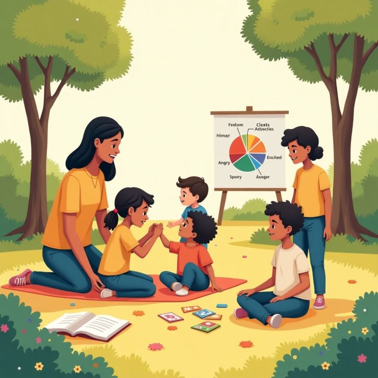 7 Ways to Boost Emotional Intelligence in Kids: A diverse group of kids learning emotional intelligence through play, empathy, and mindfulness in a cheerful park.