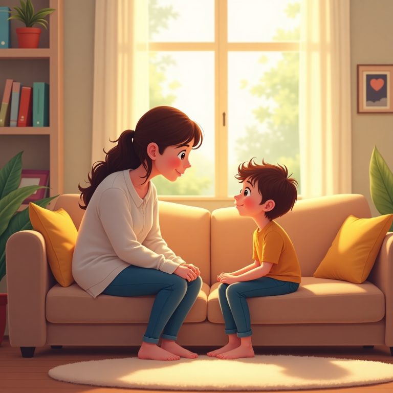 How to Talk to Your Kids About Difficult Topics: a parent and child having a heartfelt conversation in a cozy living room setting. The parent is sitting on a couch, leaning slightly forward with a gentle, understanding expression, while the child, a curious and slightly thoughtful young boy or girl, is seated beside them, looking up with trust and openness. Include soft, natural lighting to create a safe and welcoming atmosphere. Add subtle details like a bookshelf with children’s books, a soft rug, and a window with sunlight streaming in.