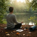 How to Start Connecting with Your Inner Self Today: 8 Steps to Self-Discovery; a serene and inspiring image of a person sitting cross-legged in a peaceful natural setting, such as a forest or by a calm lake, practicing mindfulness meditation. The scene should evoke tranquility and self-reflection, with soft sunlight filtering through trees and a journal and pen resting beside them. Include subtle elements like a yoga mat, a cup of tea, and a few scattered leaves to symbolize growth and connection with nature. The overall tone should be calming, uplifting, and aligned with the theme of connecting with your inner self