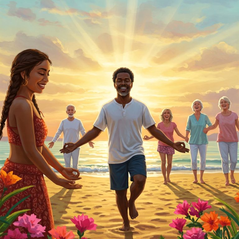 10 Ways to Build a Positive Mindset and Transform Your Life: a diverse group of people smiling, meditating, or engaging in joyful activities like walking, laughing, or practicing yoga.